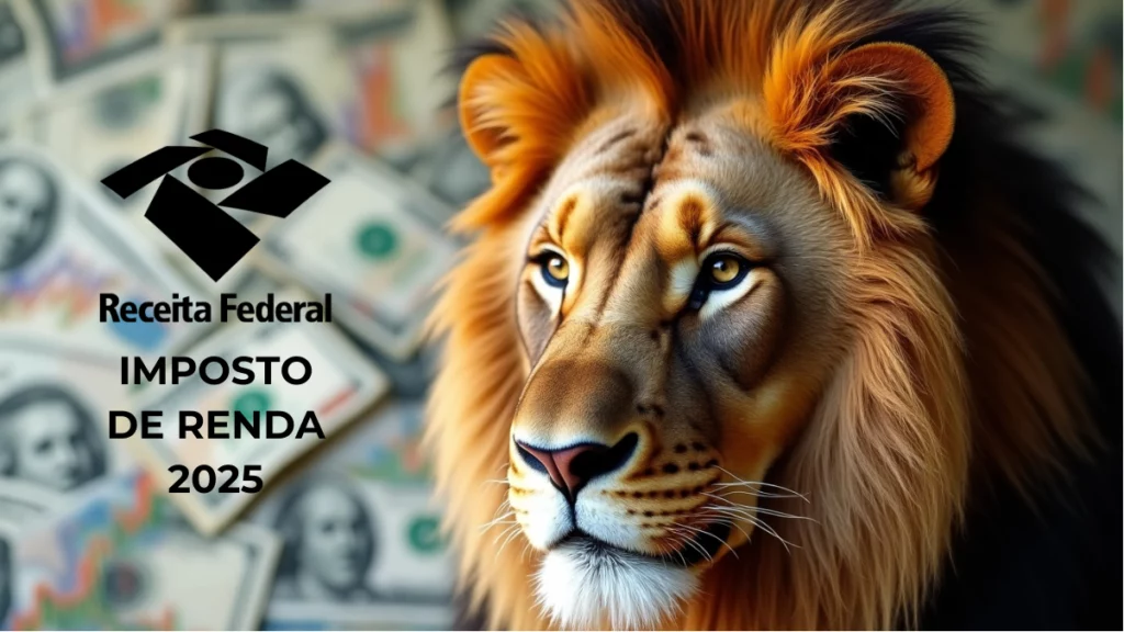Um leão com a frase "IMPOSTO DE RENDA 2025" escrita